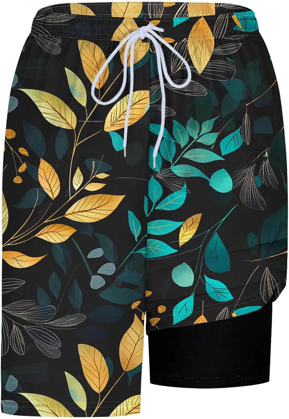 Beach Shorts for Men 2 in 1 Athletic Casual Drawstring Shorts Loose Elastic Waist Vacation Floral Print Pants