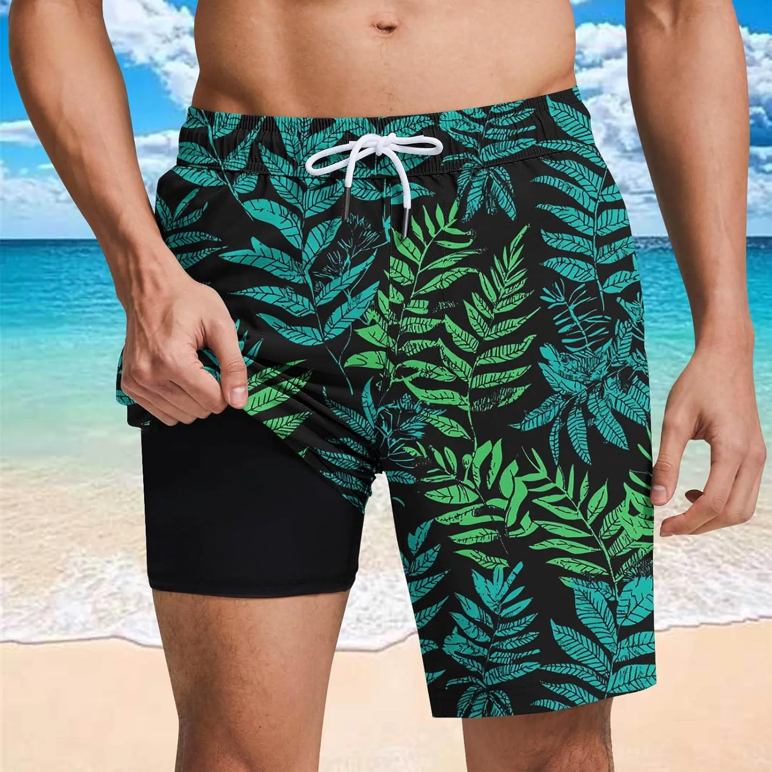Beach Shorts for Men 2 in 1 Athletic Casual Drawstring Shorts Loose Elastic Waist Vacation Floral Print Pants
