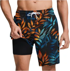 Beach Shorts for Men 2 in 1 Athletic Casual Drawstring Shorts Loose Elastic Waist Vacation Floral Print Pants
