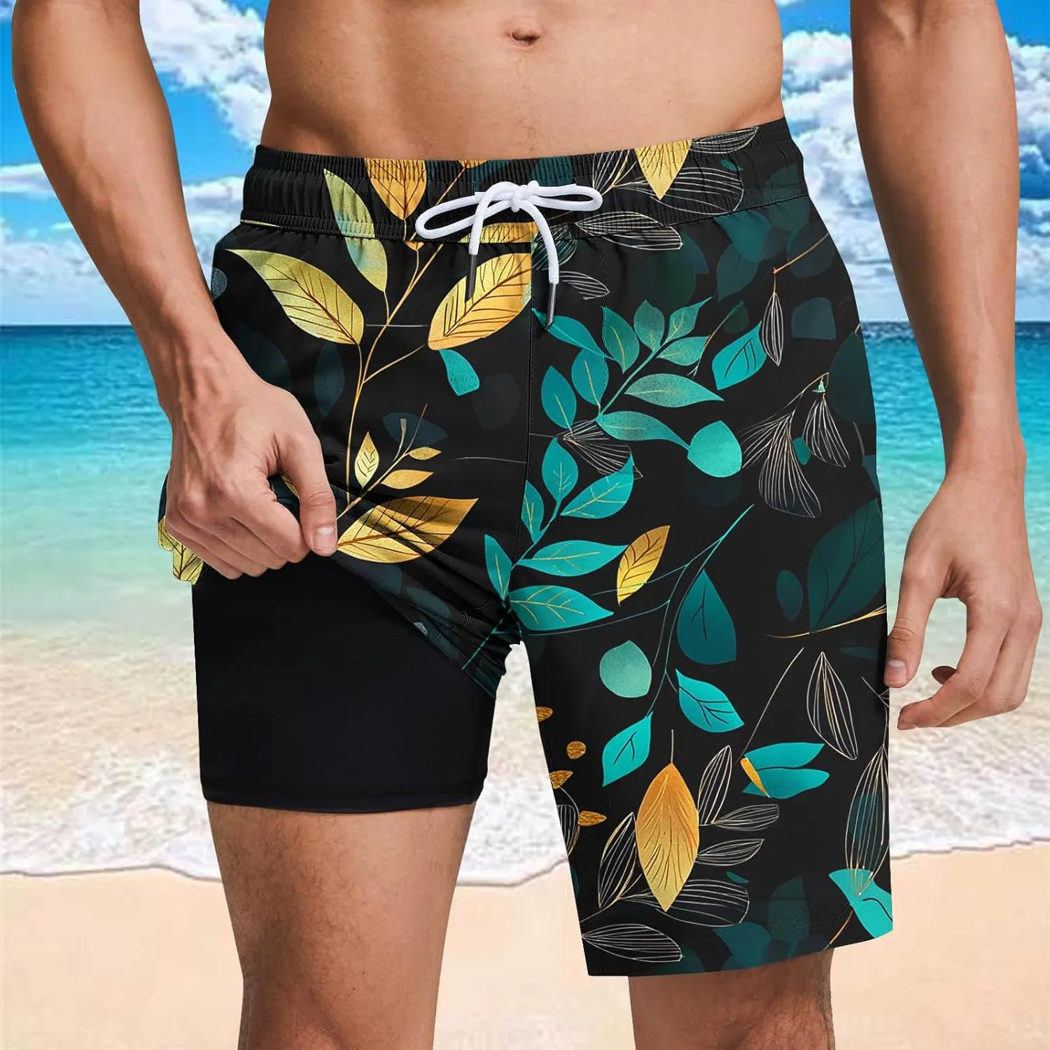 Beach Shorts for Men 2 in 1 Athletic Casual Drawstring Shorts Loose Elastic Waist Vacation Floral Print Pants