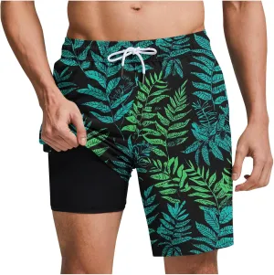 Beach Shorts for Men 2 in 1 Athletic Casual Drawstring Shorts Loose Elastic Waist Vacation Floral Print Pants