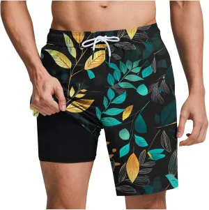 Beach Shorts for Men 2 in 1 Athletic Casual Drawstring Shorts Loose Elastic Waist Vacation Floral Print Pants