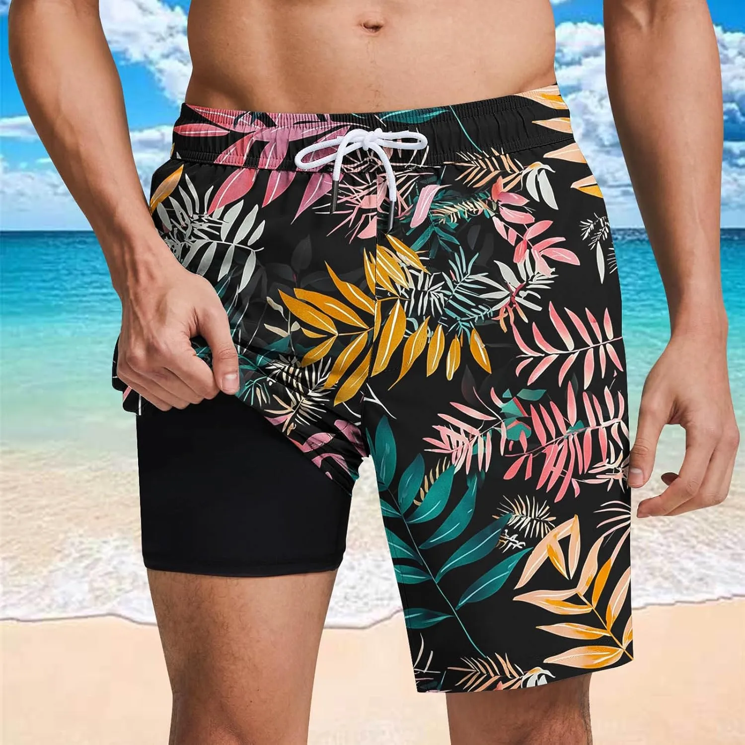 Beach Shorts for Men 2 in 1 Athletic Casual Drawstring Shorts Loose Elastic Waist Vacation Floral Print Pants