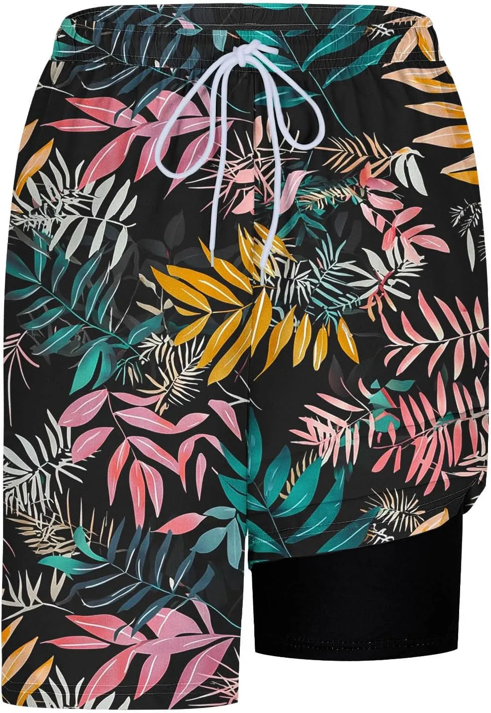 Beach Shorts for Men 2 in 1 Athletic Casual Drawstring Shorts Loose Elastic Waist Vacation Floral Print Pants