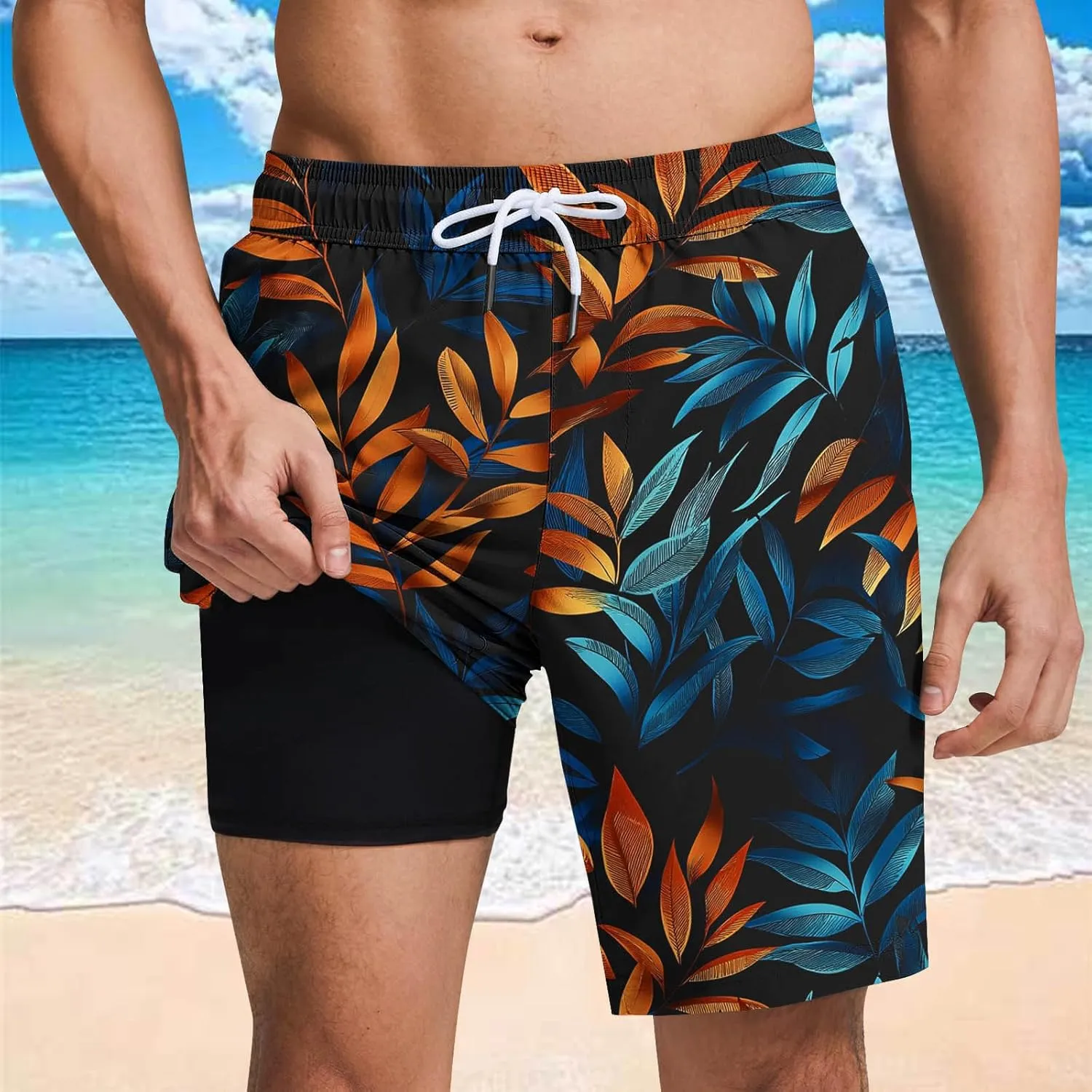 Beach Shorts for Men 2 in 1 Athletic Casual Drawstring Shorts Loose Elastic Waist Vacation Floral Print Pants