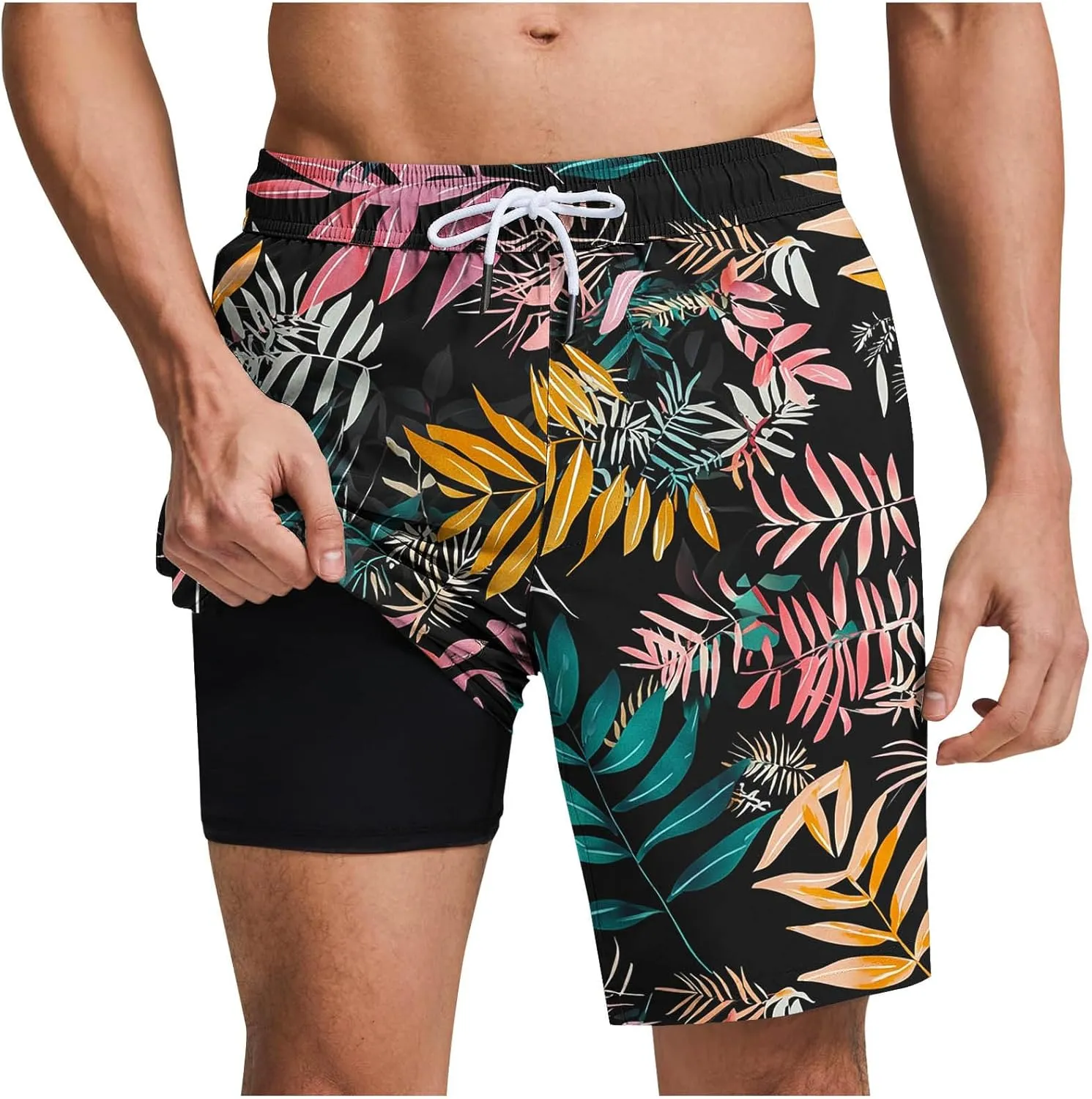 Beach Shorts for Men 2 in 1 Athletic Casual Drawstring Shorts Loose Elastic Waist Vacation Floral Print Pants