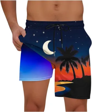 Beach Shorts for Men 2 in 1 Athletic Shorts Casual Drawstring Loose Elastic Waist Vacation Floral Print Pants