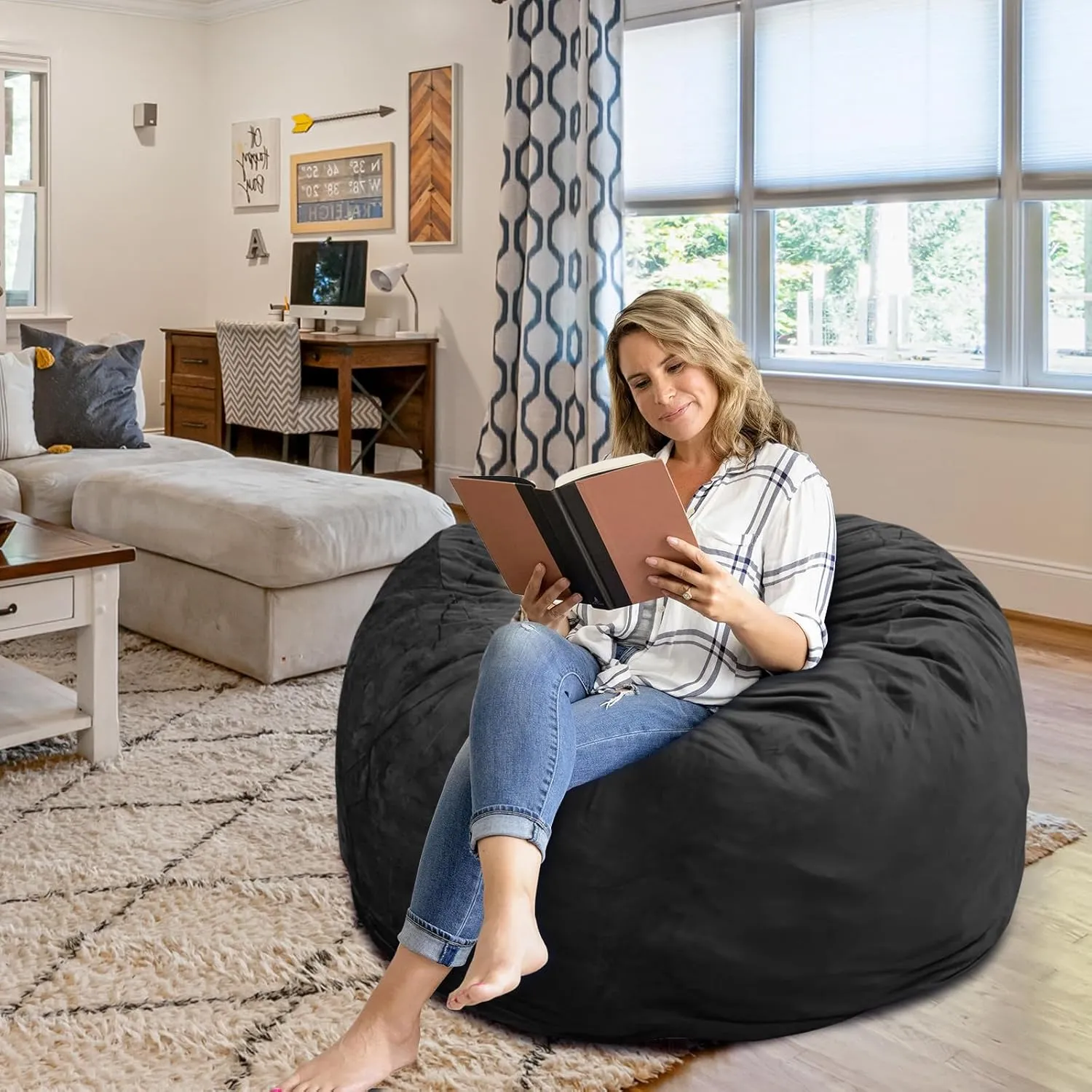 Bean Bag Chair 4Ft, Memory Foam Filled, Removable Velvet Cover, Giant Bean Bag Chairs for Adults and Teens, Round Sofa Chair for Dorm Room, Bedroom and Gaming Room, Black