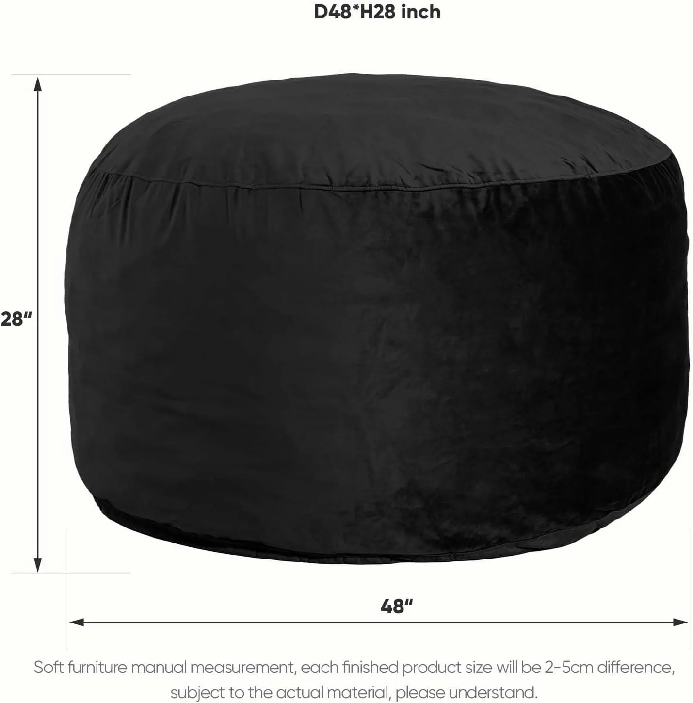 Bean Bag Chair 4Ft, Memory Foam Filled, Removable Velvet Cover, Giant Bean Bag Chairs for Adults and Teens, Round Sofa Chair for Dorm Room, Bedroom and Gaming Room, Black