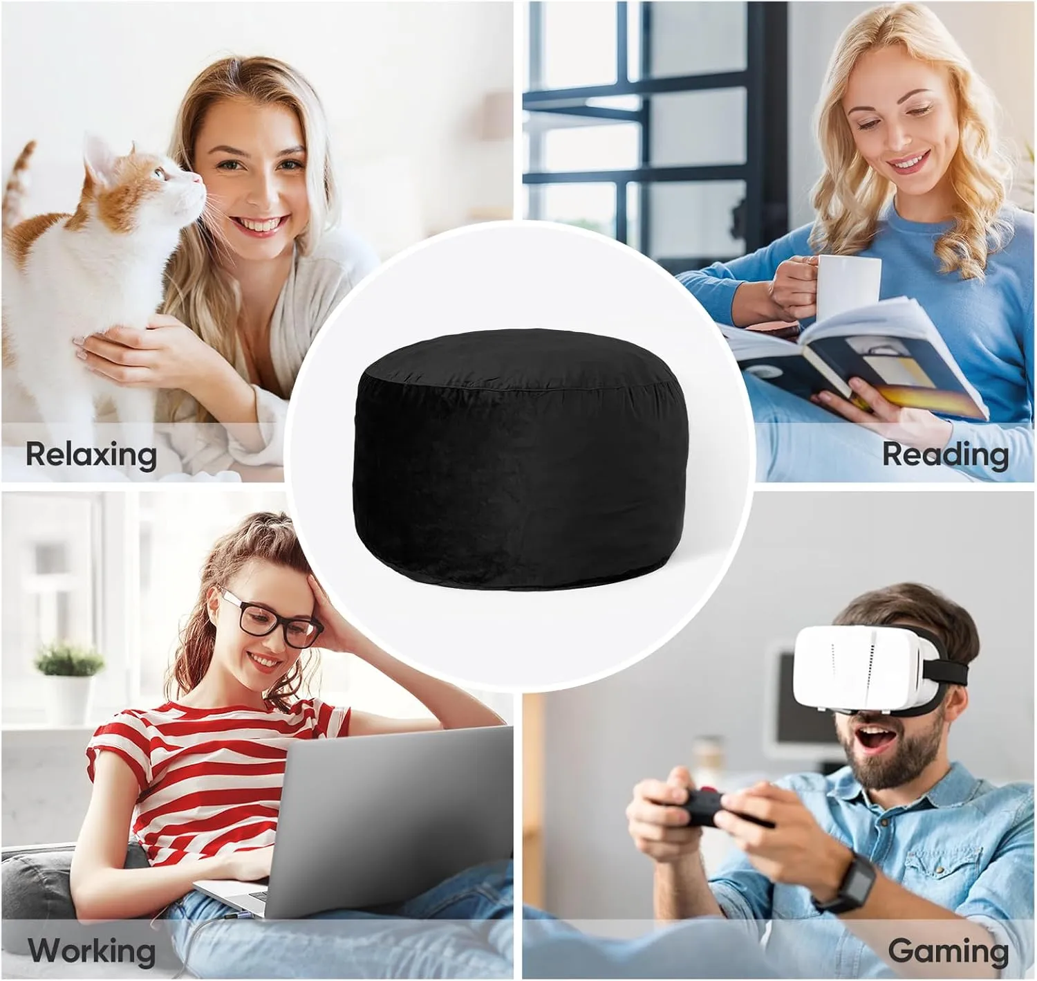 Bean Bag Chair 4Ft, Memory Foam Filled, Removable Velvet Cover, Giant Bean Bag Chairs for Adults and Teens, Round Sofa Chair for Dorm Room, Bedroom and Gaming Room, Black