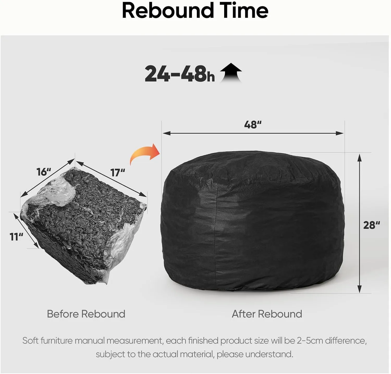Bean Bag Chair 4Ft, Memory Foam Filled, Removable Velvet Cover, Giant Bean Bag Chairs for Adults and Teens, Round Sofa Chair for Dorm Room, Bedroom and Gaming Room, Black