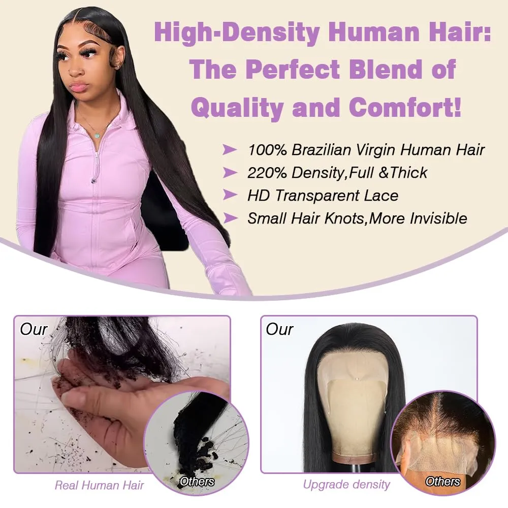 Beauty Queen 16A Straight Lace Front Wigs Human Hair 13x4 HD Lace Wigs Pre Plucked 220 Density 20 Inch Straight Human Hair Wigs Brazilian Remy Human Hair Frontal Wig for Women Natural Black Color