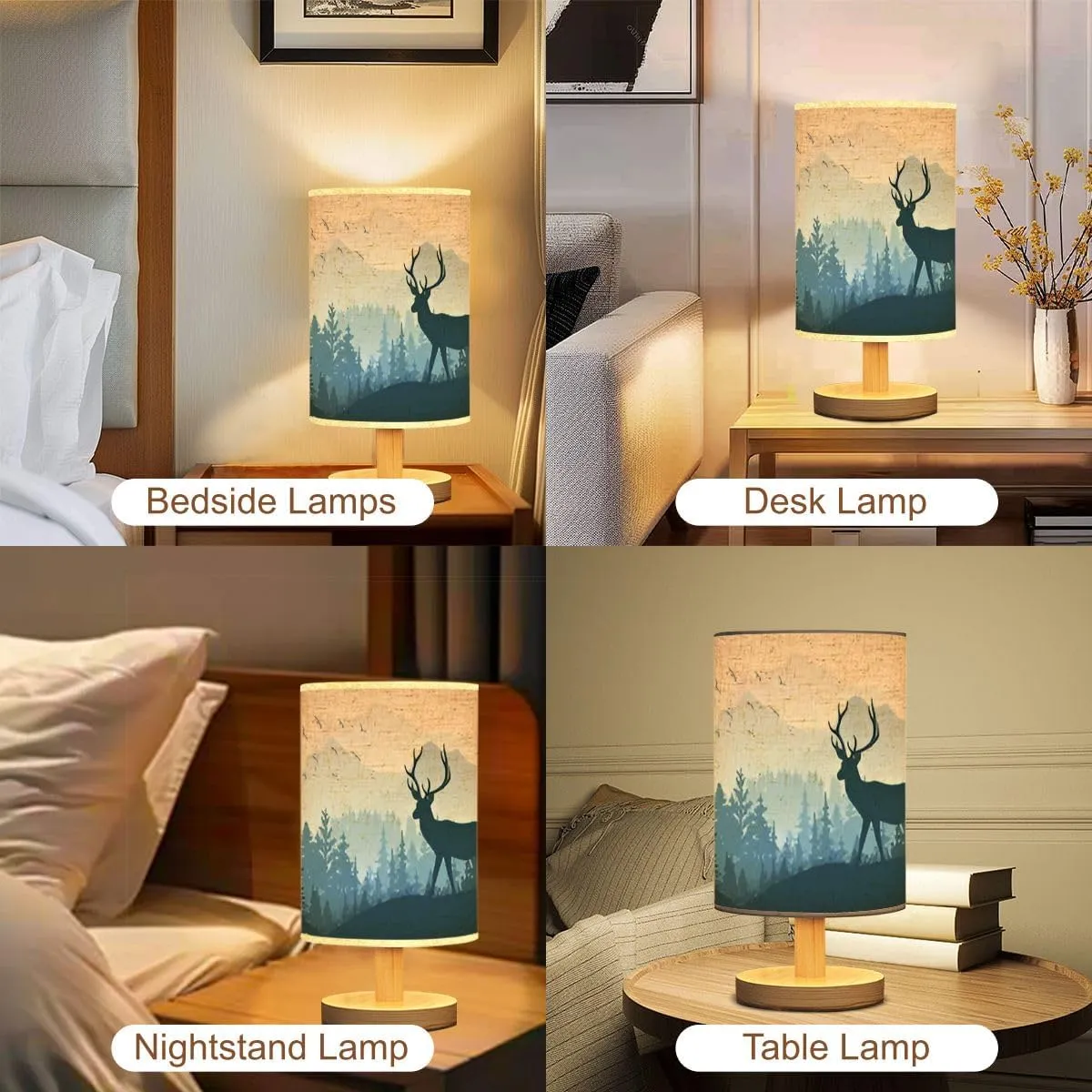 Bedside Desk Lamps, Minimalist Silhouette deer standing grass hill Mountains forest Magical misty Nightstand lamps, Small Table Lamp for Nursery Girls Kids Bedroom Classroom Living Room Dorm Decor