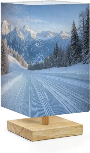 Bedside Table Lamp Alpine Ski Area Dimmable Minimalist Nightstand Lamp Square Wood Base Flaxen Fabric Shade Desk Lamps for Bedroom Living Room