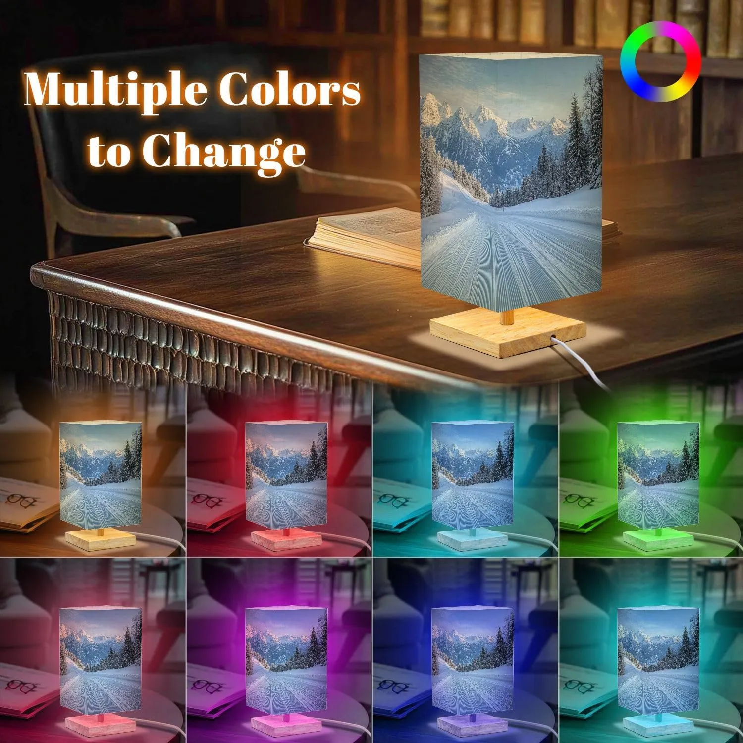 Bedside Table Lamp Alpine Ski Area Dimmable Minimalist Nightstand Lamp Square Wood Base Flaxen Fabric Shade Desk Lamps for Bedroom Living Room