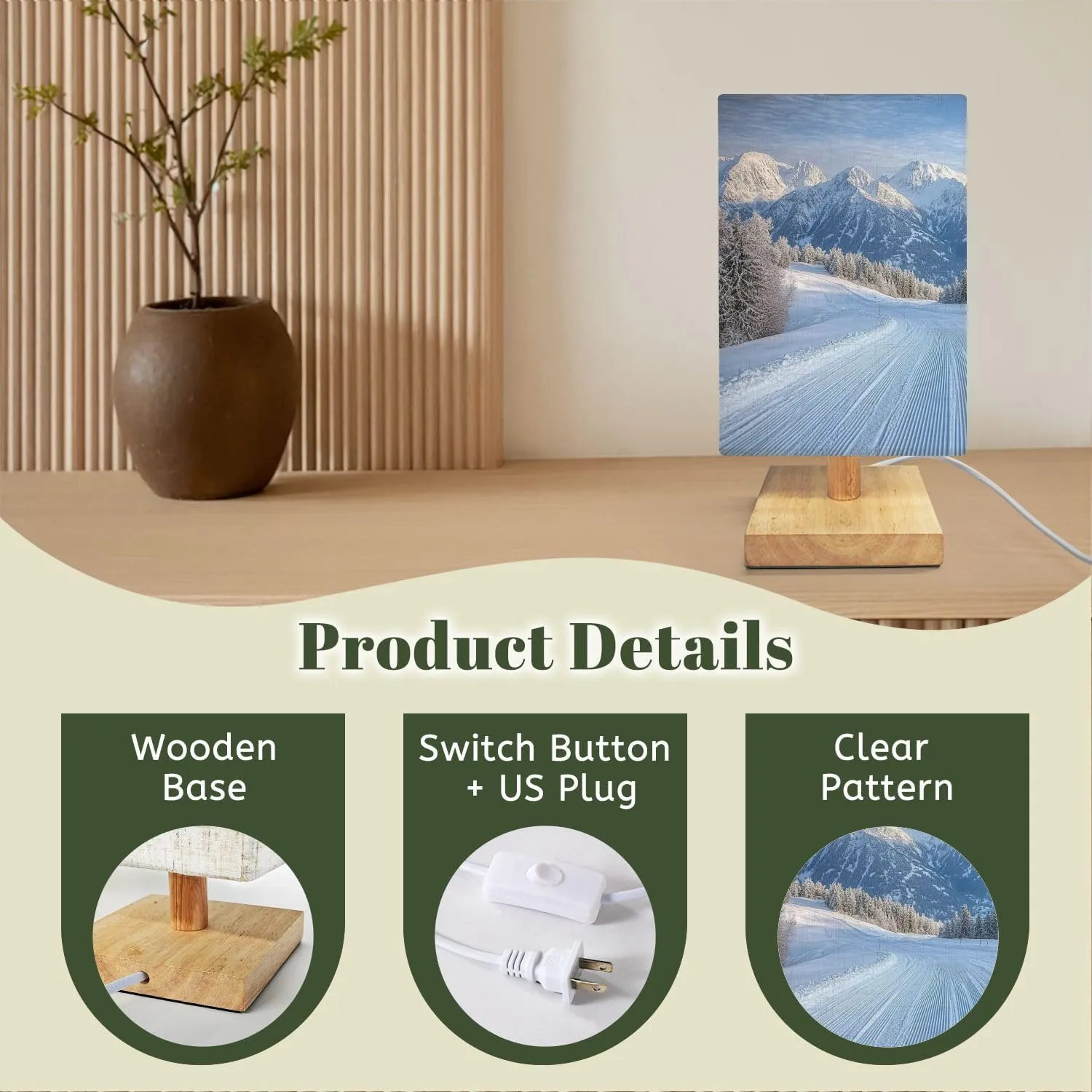 Bedside Table Lamp Alpine Ski Area Dimmable Minimalist Nightstand Lamp Square Wood Base Flaxen Fabric Shade Desk Lamps for Bedroom Living Room
