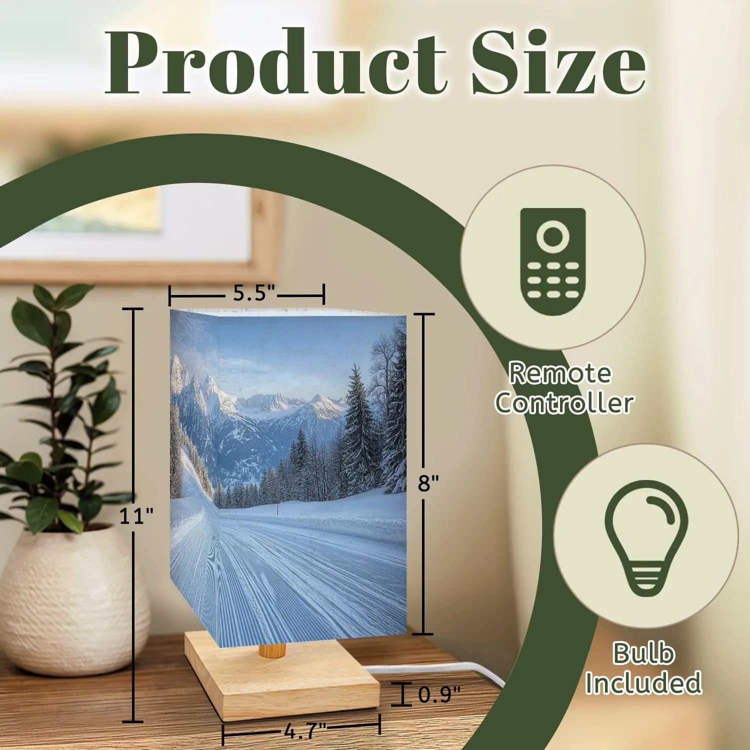 Bedside Table Lamp Alpine Ski Area Dimmable Minimalist Nightstand Lamp Square Wood Base Flaxen Fabric Shade Desk Lamps for Bedroom Living Room