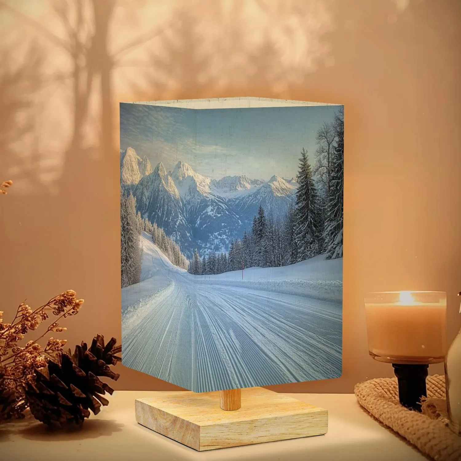 Bedside Table Lamp Alpine Ski Area Dimmable Minimalist Nightstand Lamp Square Wood Base Flaxen Fabric Shade Desk Lamps for Bedroom Living Room