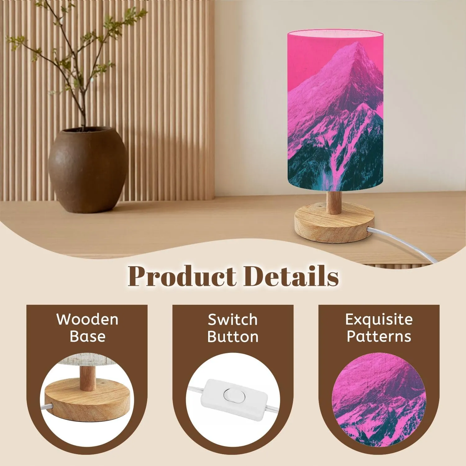 Bedside Table Lamp Beautiful mystic Himalayan mountains sunset landscape alpine morning Dimmable Desk Lamp with Flaxen Fabric Shade Wood Base Nightstand Lamp Small Lamp for Bedroom Living Room Home