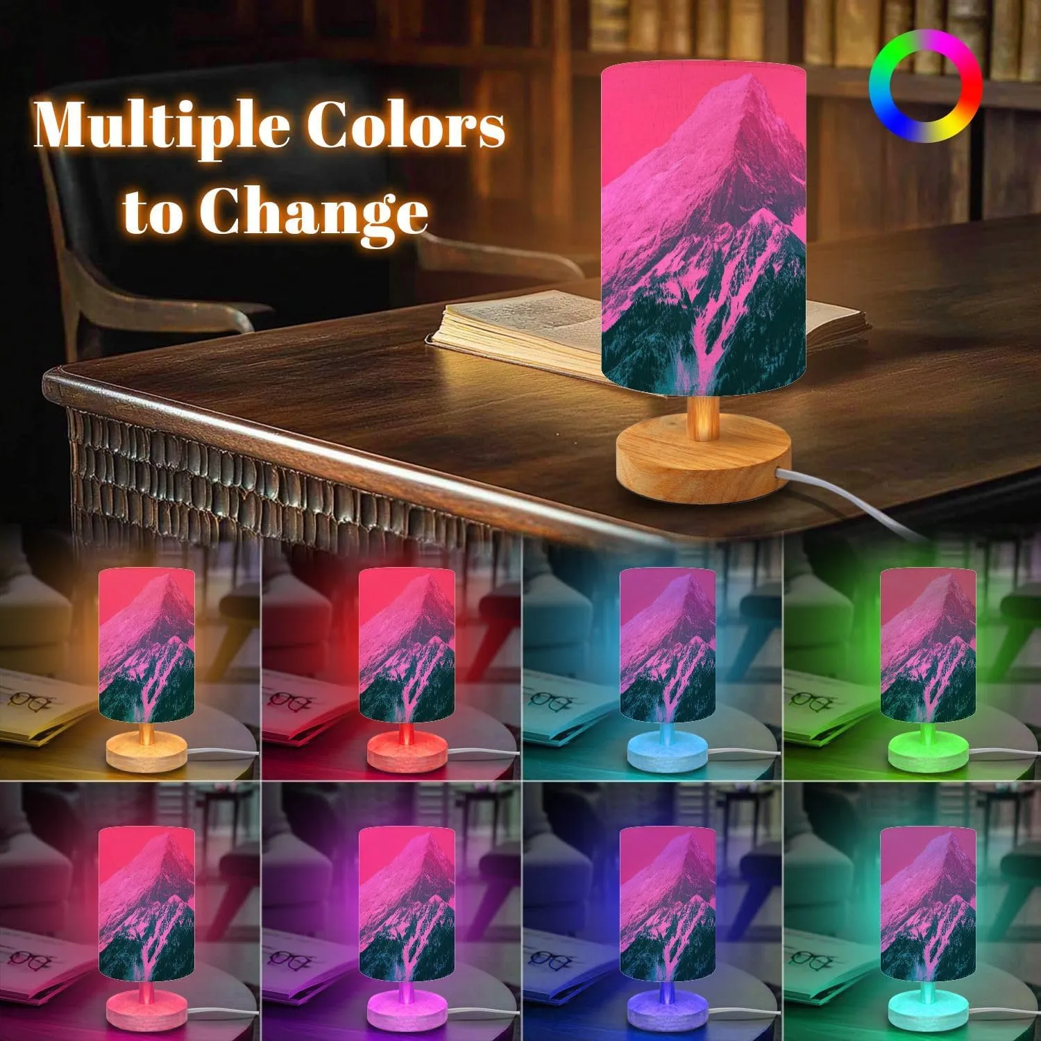 Bedside Table Lamp Beautiful mystic Himalayan mountains sunset landscape alpine morning Dimmable Desk Lamp with Flaxen Fabric Shade Wood Base Nightstand Lamp Small Lamp for Bedroom Living Room Home