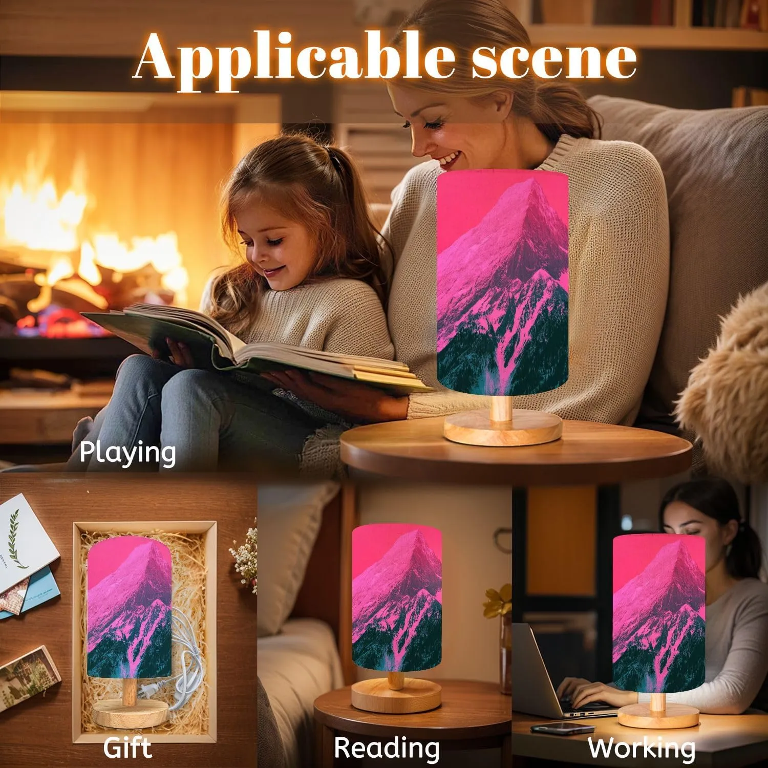 Bedside Table Lamp Beautiful mystic Himalayan mountains sunset landscape alpine morning Dimmable Desk Lamp with Flaxen Fabric Shade Wood Base Nightstand Lamp Small Lamp for Bedroom Living Room Home