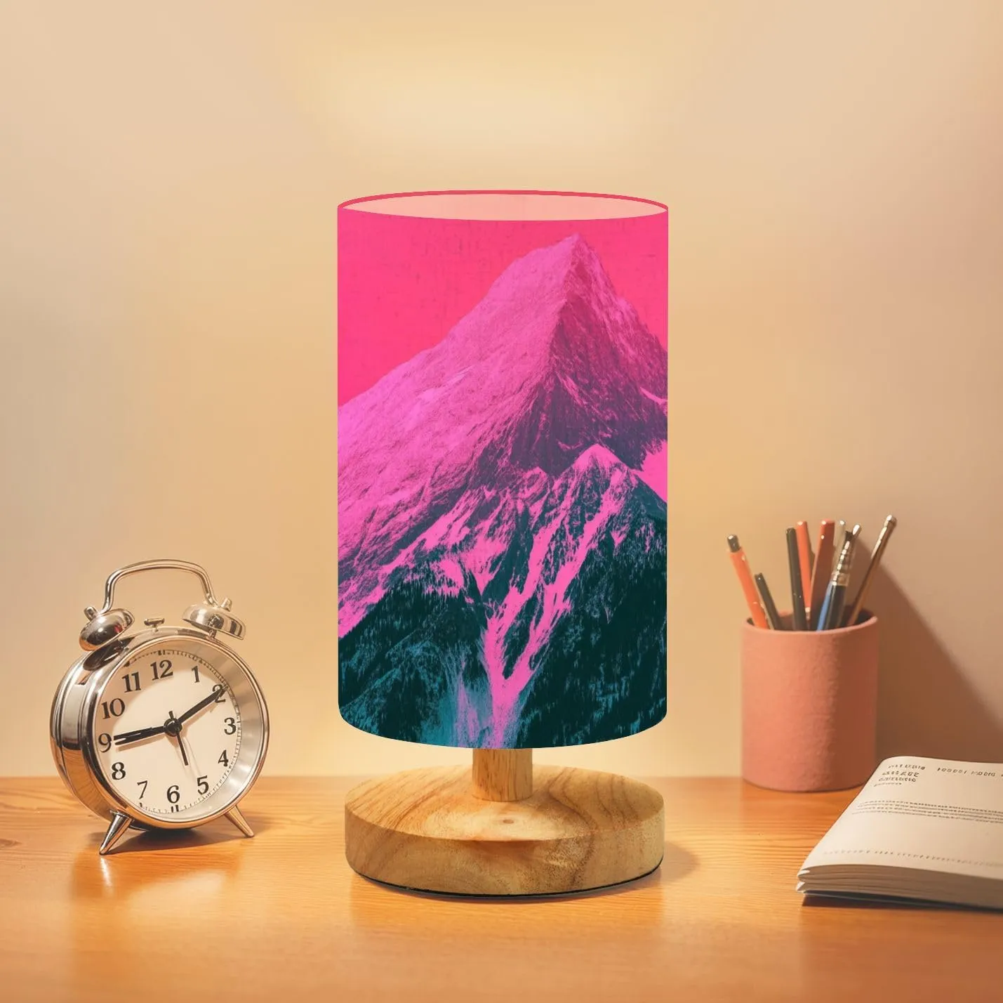 Bedside Table Lamp Beautiful mystic Himalayan mountains sunset landscape alpine morning Dimmable Desk Lamp with Flaxen Fabric Shade Wood Base Nightstand Lamp Small Lamp for Bedroom Living Room Home