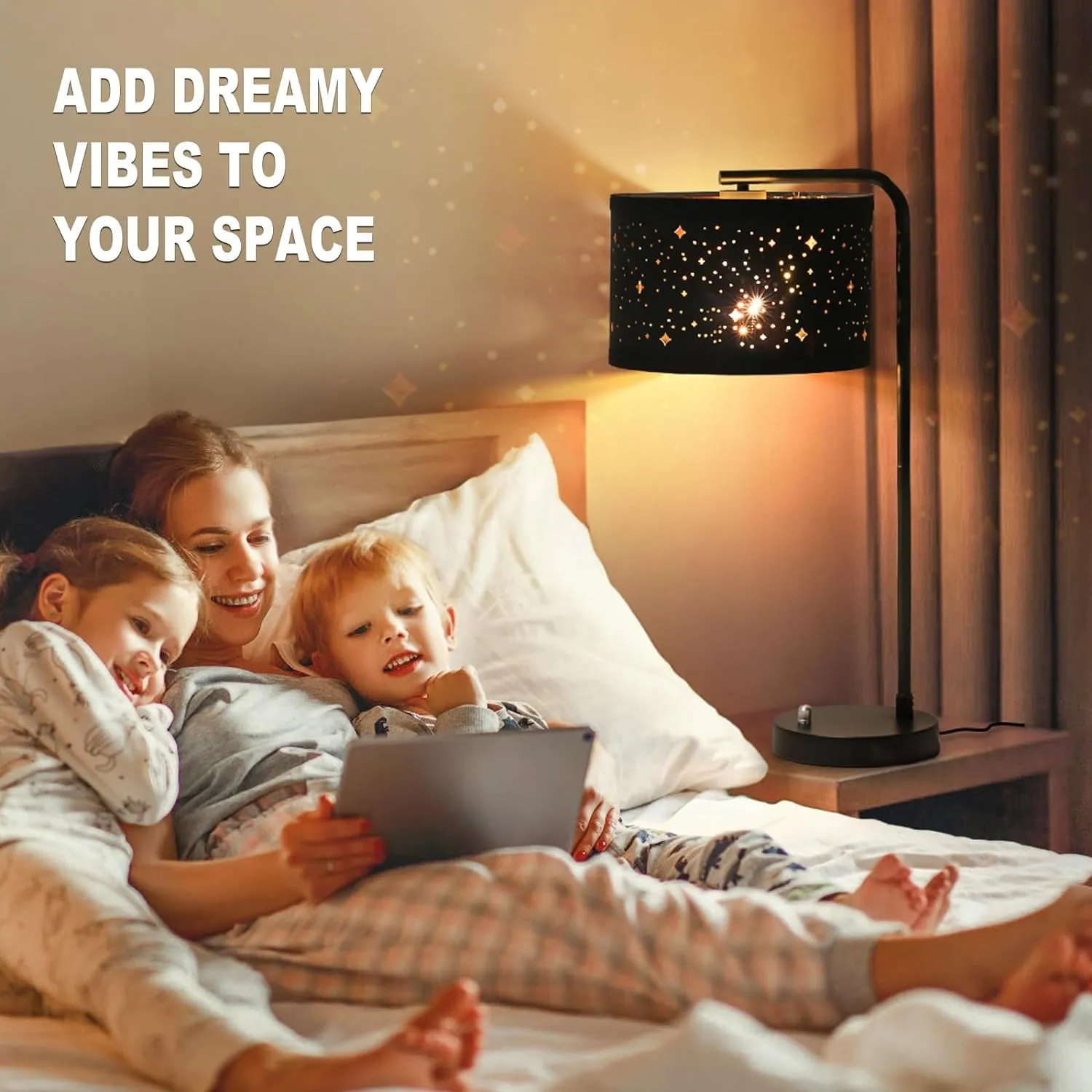 Bedside Table Lamp with USB C A Ports, Fully Dimmable Modern Nightstand Side Lamps with Stars Shade, Tall Desk Reading Lamps for Living Room Bedroom 3000k LED Bulb Included