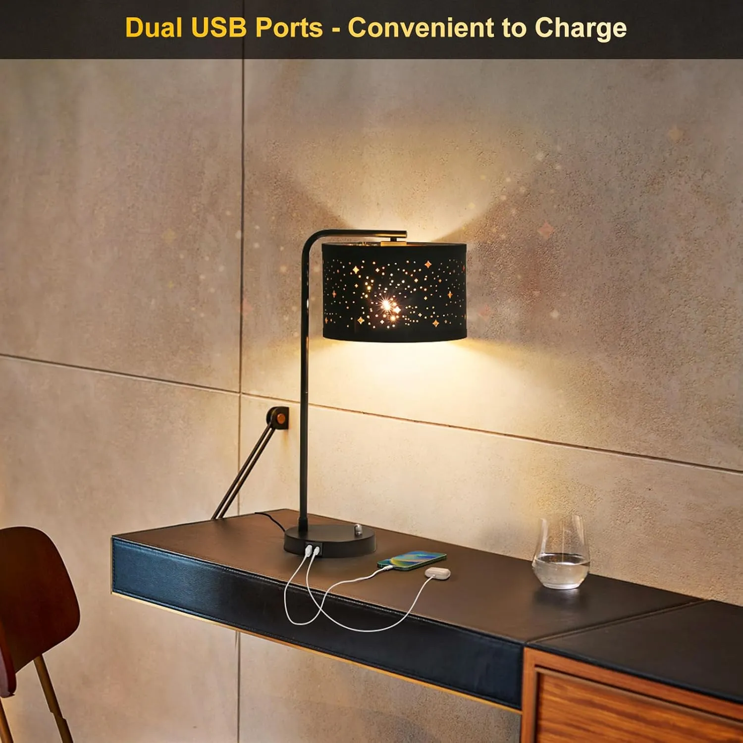 Bedside Table Lamp with USB C A Ports, Fully Dimmable Modern Nightstand Side Lamps with Stars Shade, Tall Desk Reading Lamps for Living Room Bedroom 3000k LED Bulb Included