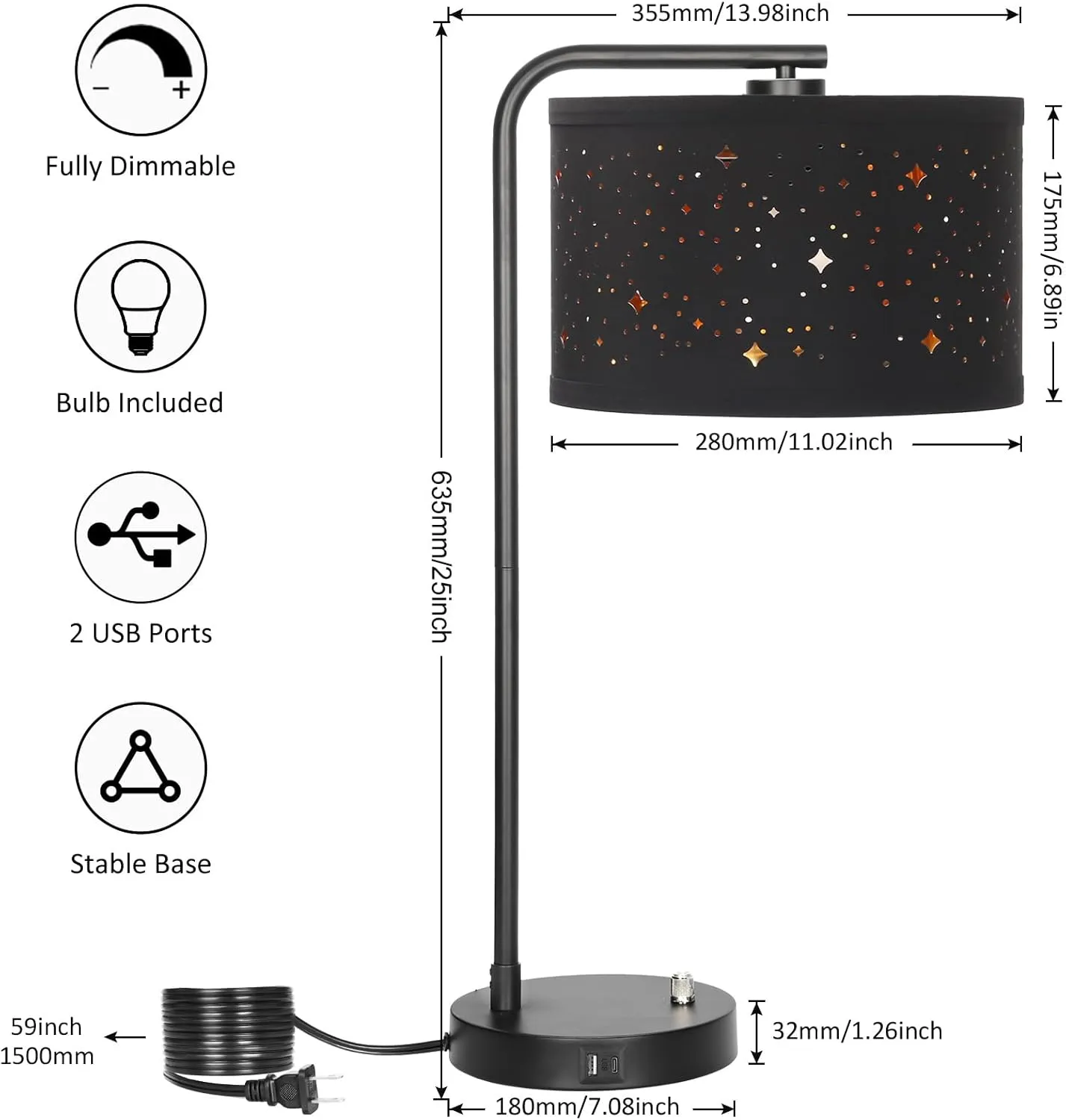 Bedside Table Lamp with USB C A Ports, Fully Dimmable Modern Nightstand Side Lamps with Stars Shade, Tall Desk Reading Lamps for Living Room Bedroom 3000k LED Bulb Included