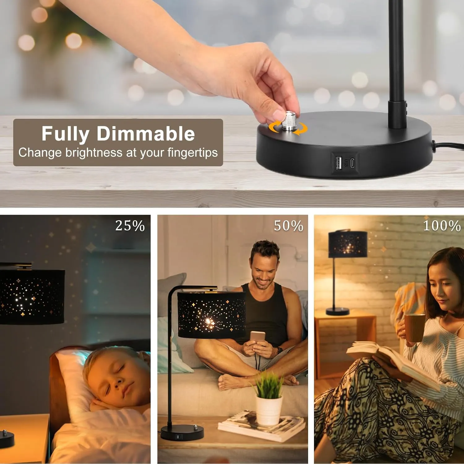 Bedside Table Lamp with USB C A Ports, Fully Dimmable Modern Nightstand Side Lamps with Stars Shade, Tall Desk Reading Lamps for Living Room Bedroom 3000k LED Bulb Included