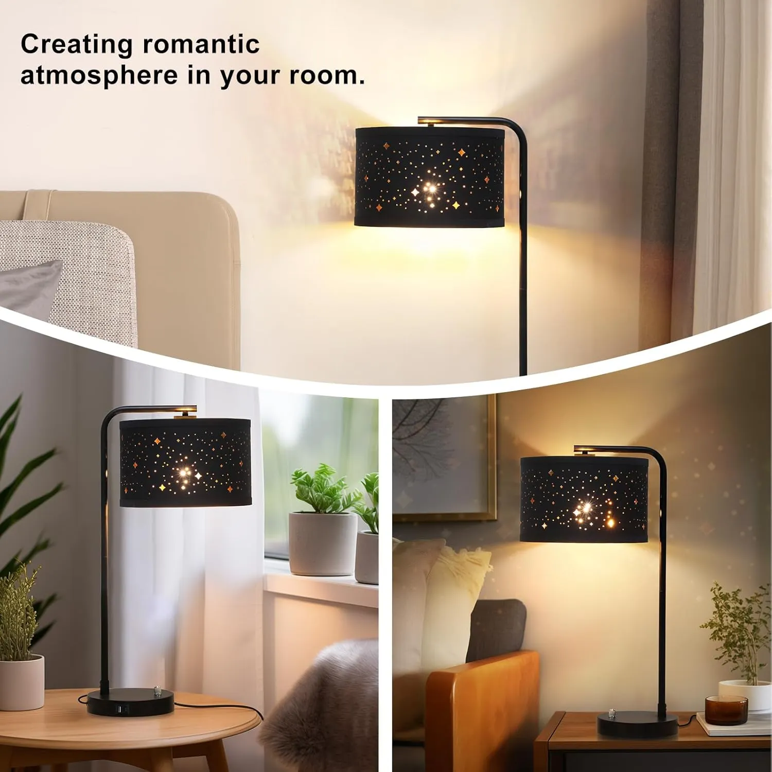 Bedside Table Lamp with USB C A Ports, Fully Dimmable Modern Nightstand Side Lamps with Stars Shade, Tall Desk Reading Lamps for Living Room Bedroom 3000k LED Bulb Included