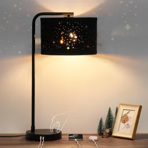 Bedside Table Lamp with USB C A Ports, Fully Dimmable Modern Nightstand Side Lamps with Stars Shade, Tall Desk Reading Lamps for Living Room Bedroom 3000k LED Bulb Included