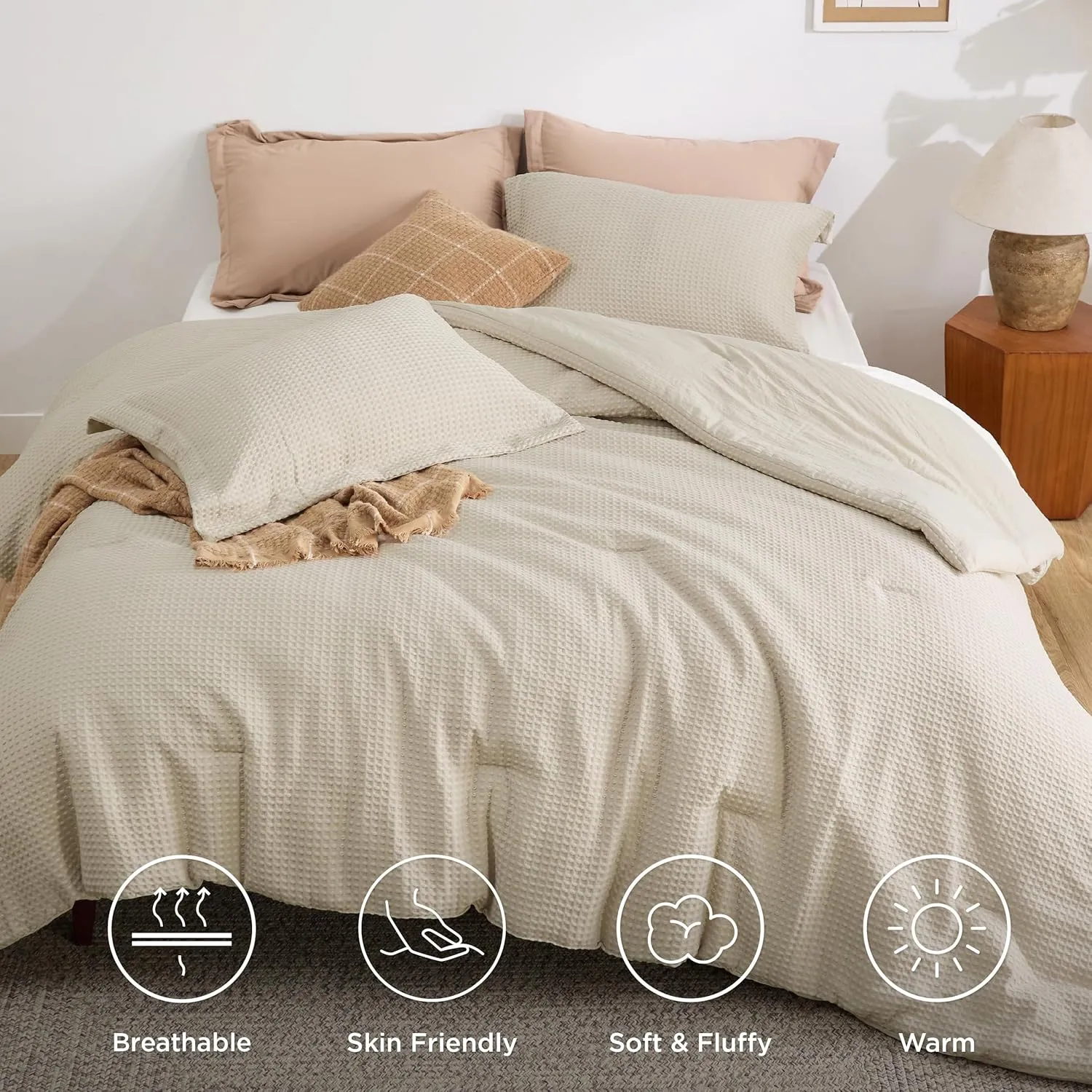 Bedsure Waffle Comforter Set Queen, Soft and Breathable Linen Bedding Comforter Set, 3 Pieces, 1 Waffle Weave Comforter (90"x90") and 2 Pillow Shams (20"x26" 2")