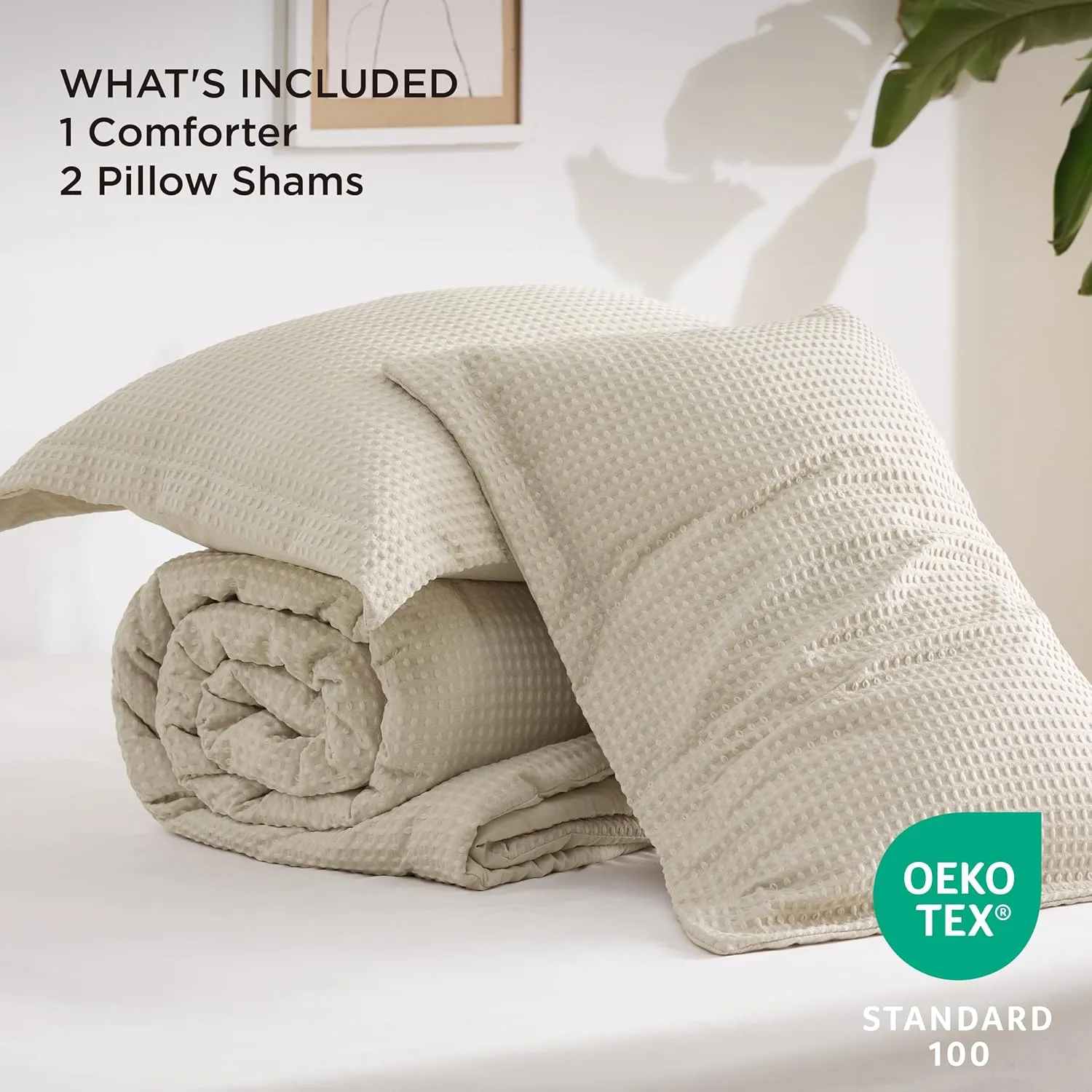 Bedsure Waffle Comforter Set Queen, Soft and Breathable Linen Bedding Comforter Set, 3 Pieces, 1 Waffle Weave Comforter (90"x90") and 2 Pillow Shams (20"x26" 2")