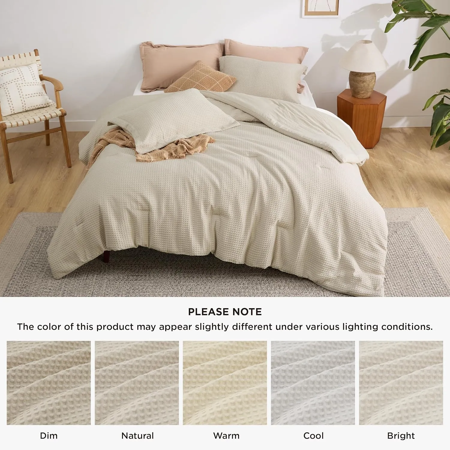 Bedsure Waffle Comforter Set Queen, Soft and Breathable Linen Bedding Comforter Set, 3 Pieces, 1 Waffle Weave Comforter (90"x90") and 2 Pillow Shams (20"x26" 2")
