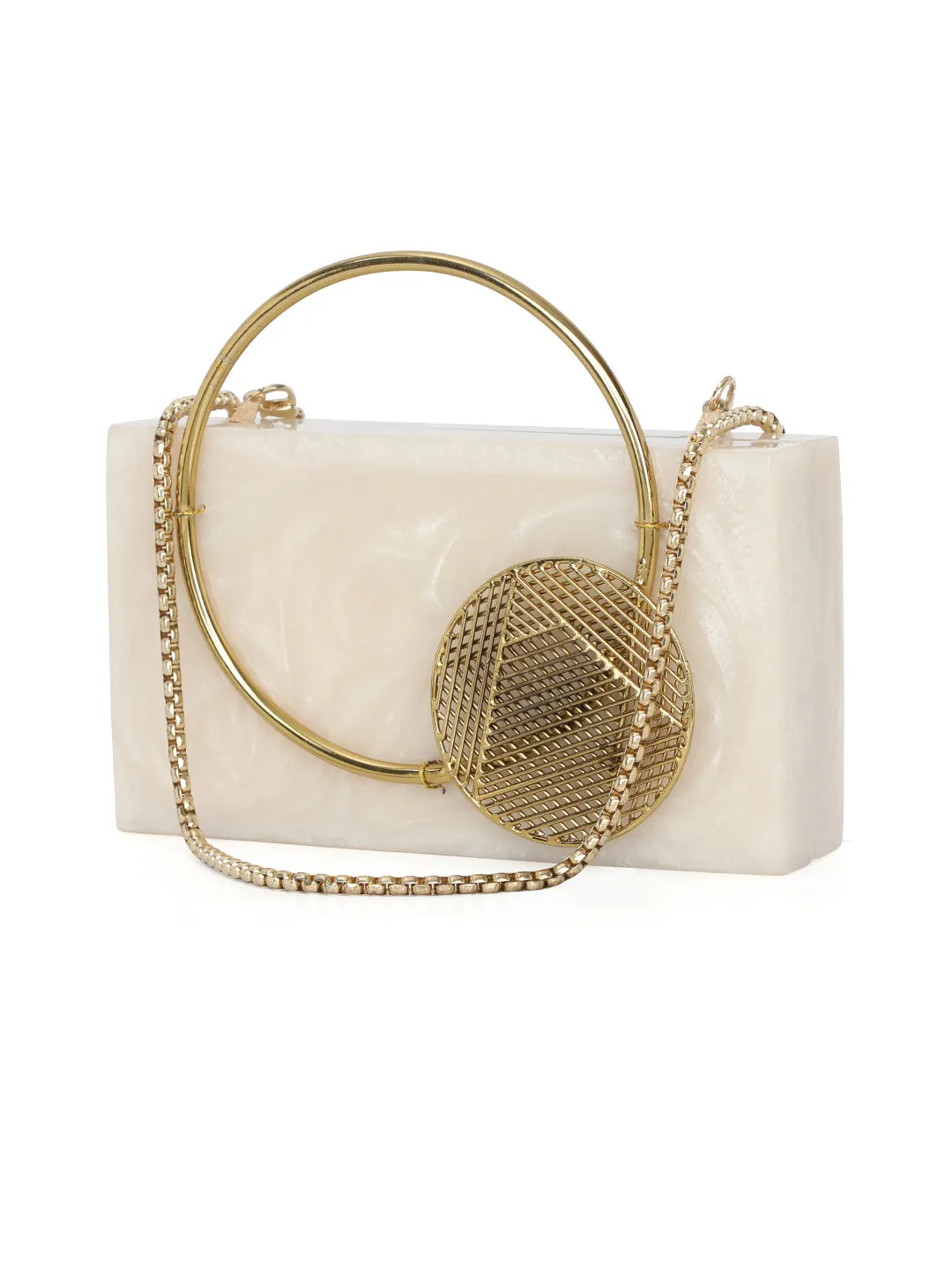Beige Solid Party Box Clutches With Attractive Brass Handle