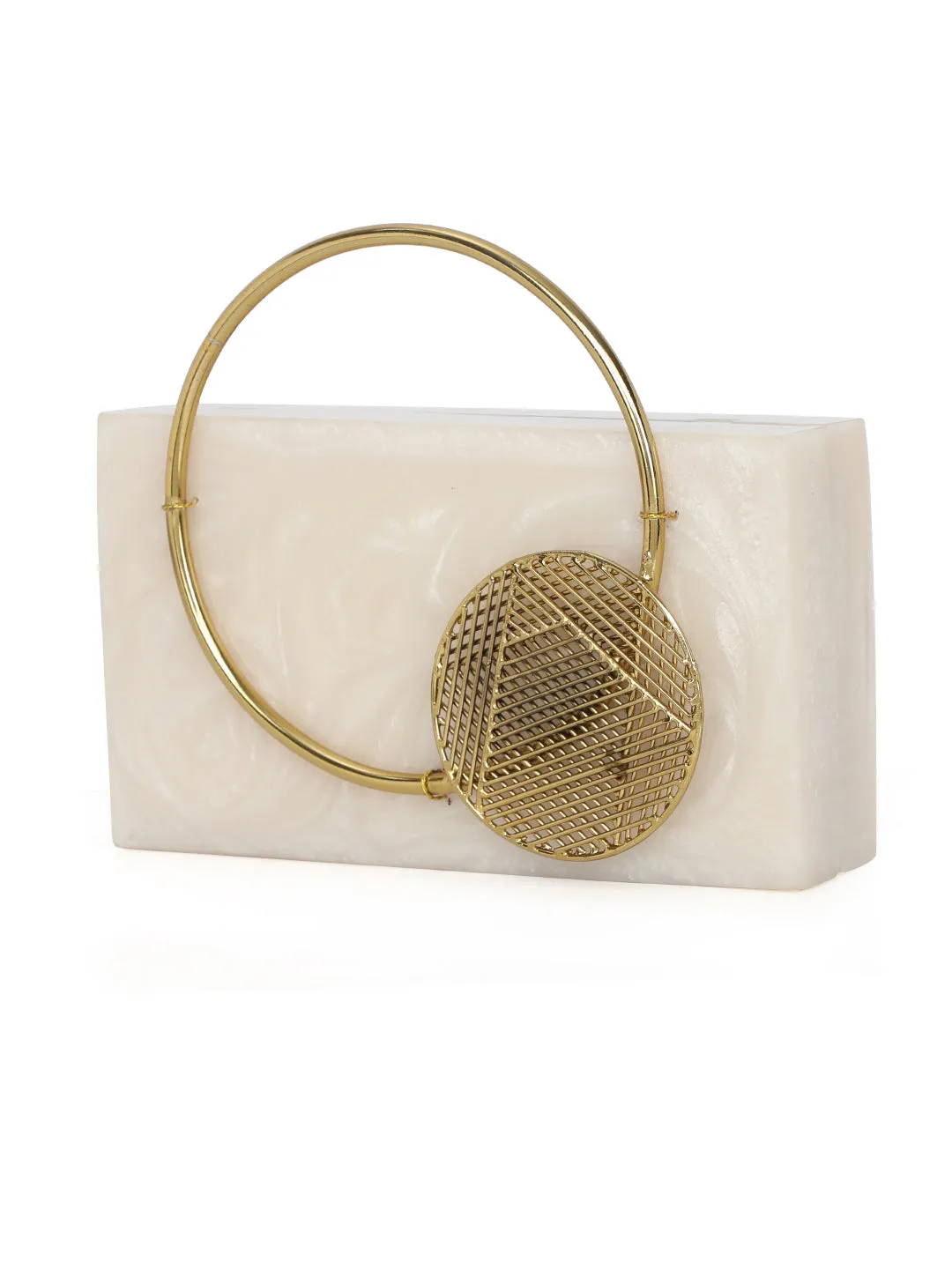Beige Solid Party Box Clutches With Attractive Brass Handle