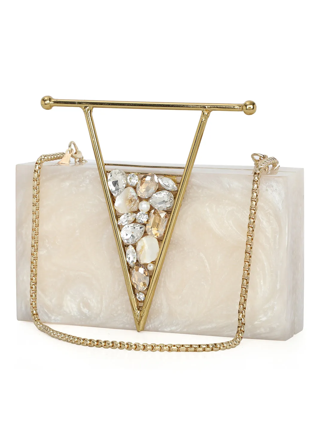 Beige Solid Party Box Clutches With Attractive Brass Handle