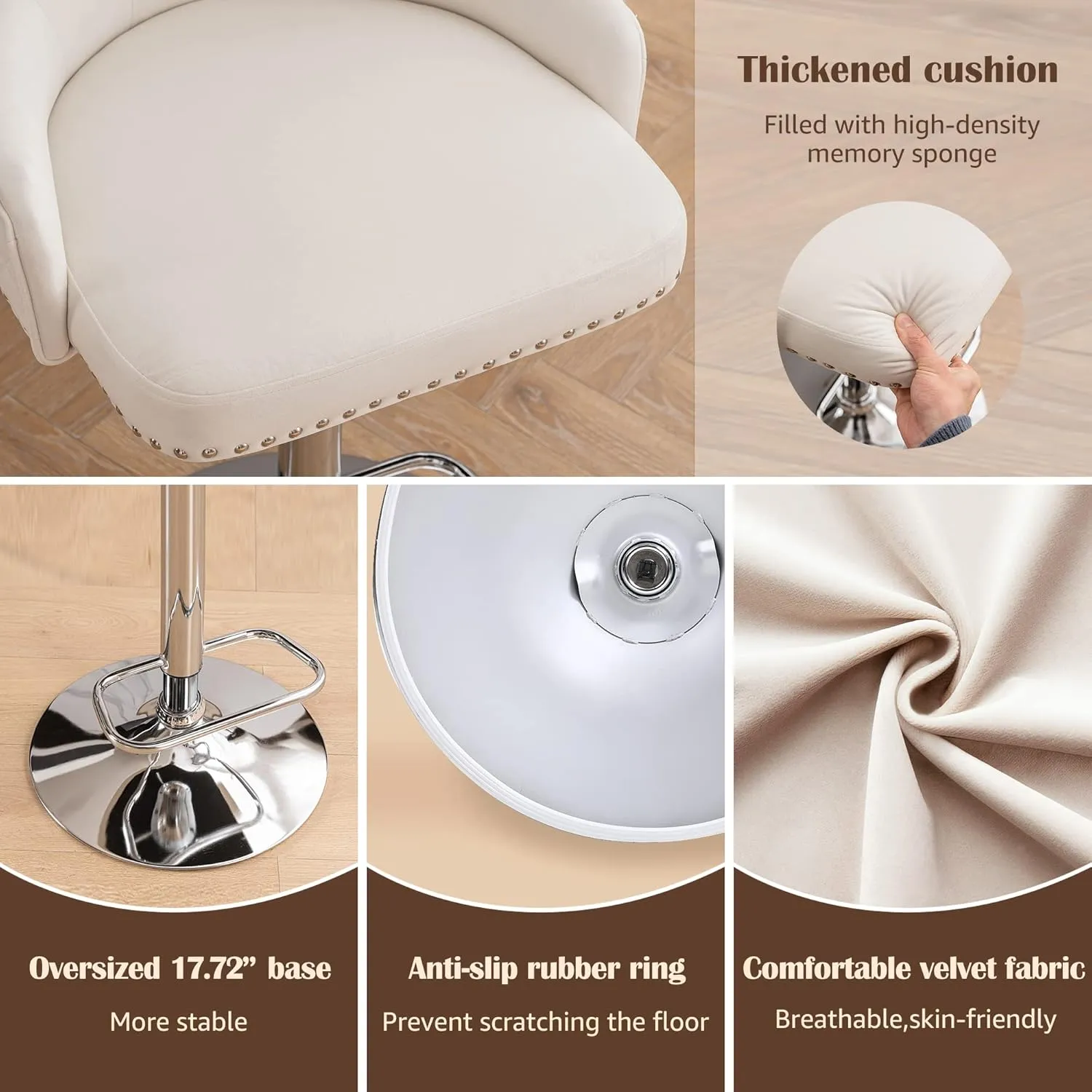 Beige Velvet Bar Stools Set of 2 with High Tufted Backrest, Lion Pull Ring, Chrome Base Footrest for Kitchen Island