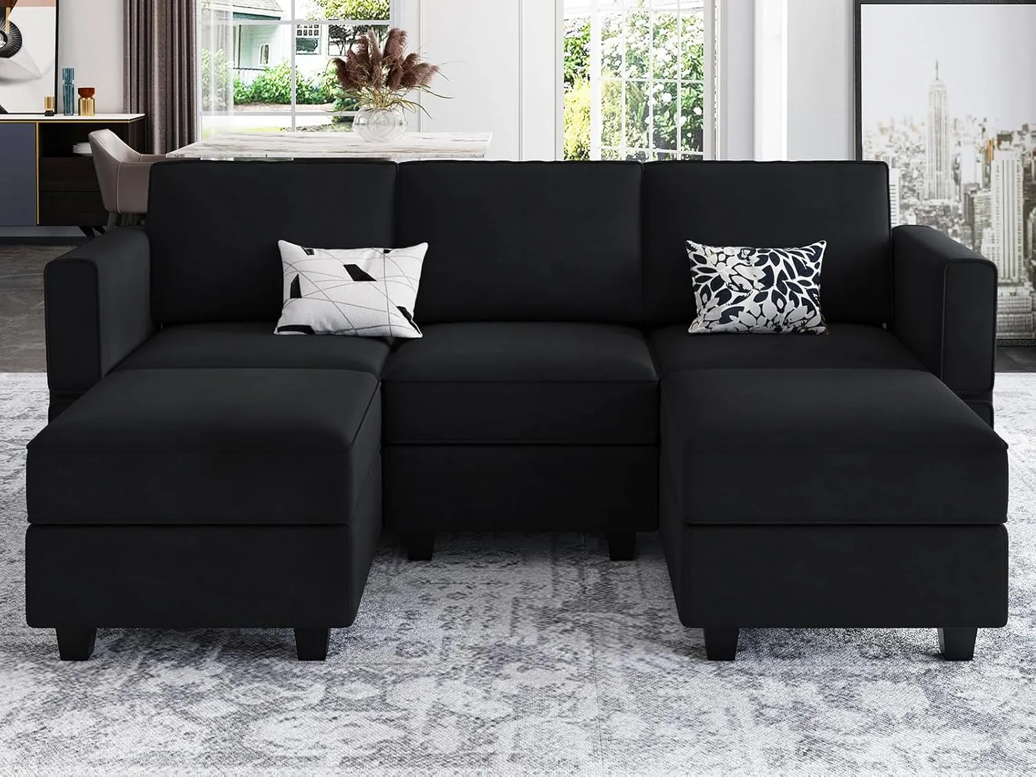 Belffin Modular Sectional Sofa with Double Chaise Velvet U Shaped Sofa Reversible Sectional Couch with Storage Black