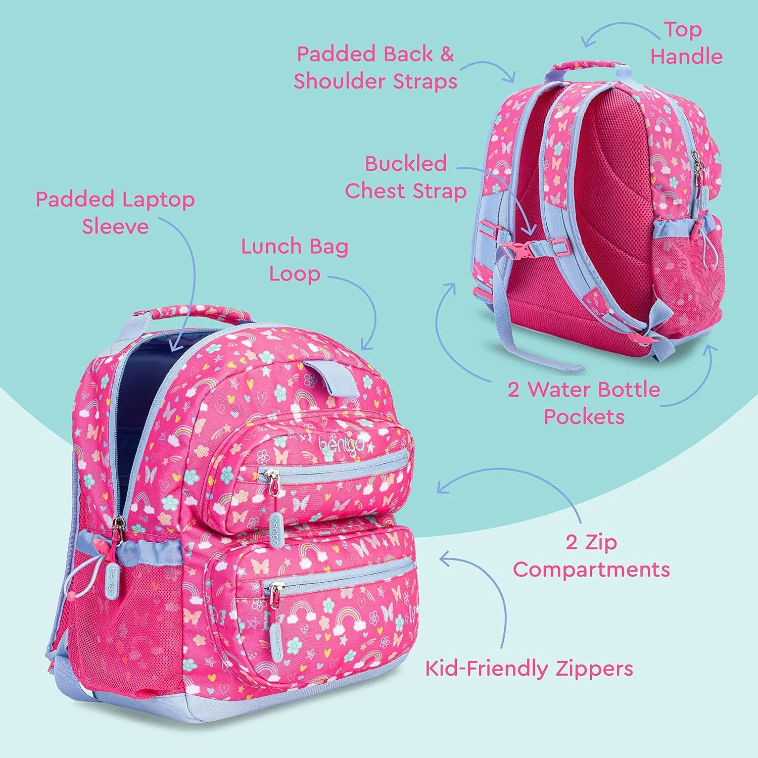 Bentgo Kids Backpack - Lightweight 14” Backpack in Fun Prints for School, Travel, & Daycare, Ideal for Ages 4 , Roomy Interior, Durable & Water-Resistant Fabric, & Loop for Lunch Bag (Rainbows)