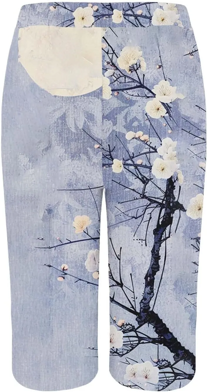 Bermuda Shorts for Women Trendy High Waist Knee Length Short Pants Comfy Summer Boho Floral Print Shorts with Pocket