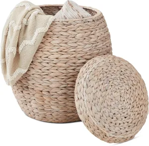Best Choice Products Vintage Multipurpose Hyacinth Storage Basket, Plant Décor, Handwoven Organizer Tote for Bedroom, Living Room, Bathroom, w/Lid - Transparent White