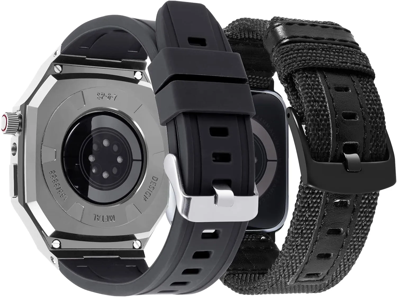 BINLUN Compatible with Apple Watch Band 44mm 45mm 2 Pack Silicone Stainless Steel Watch Band with Metal Full Protective Case Men Replacement Canvas Watch Strap Fit for iWatch Series 9/8/7/SE2/SE/6/5/4