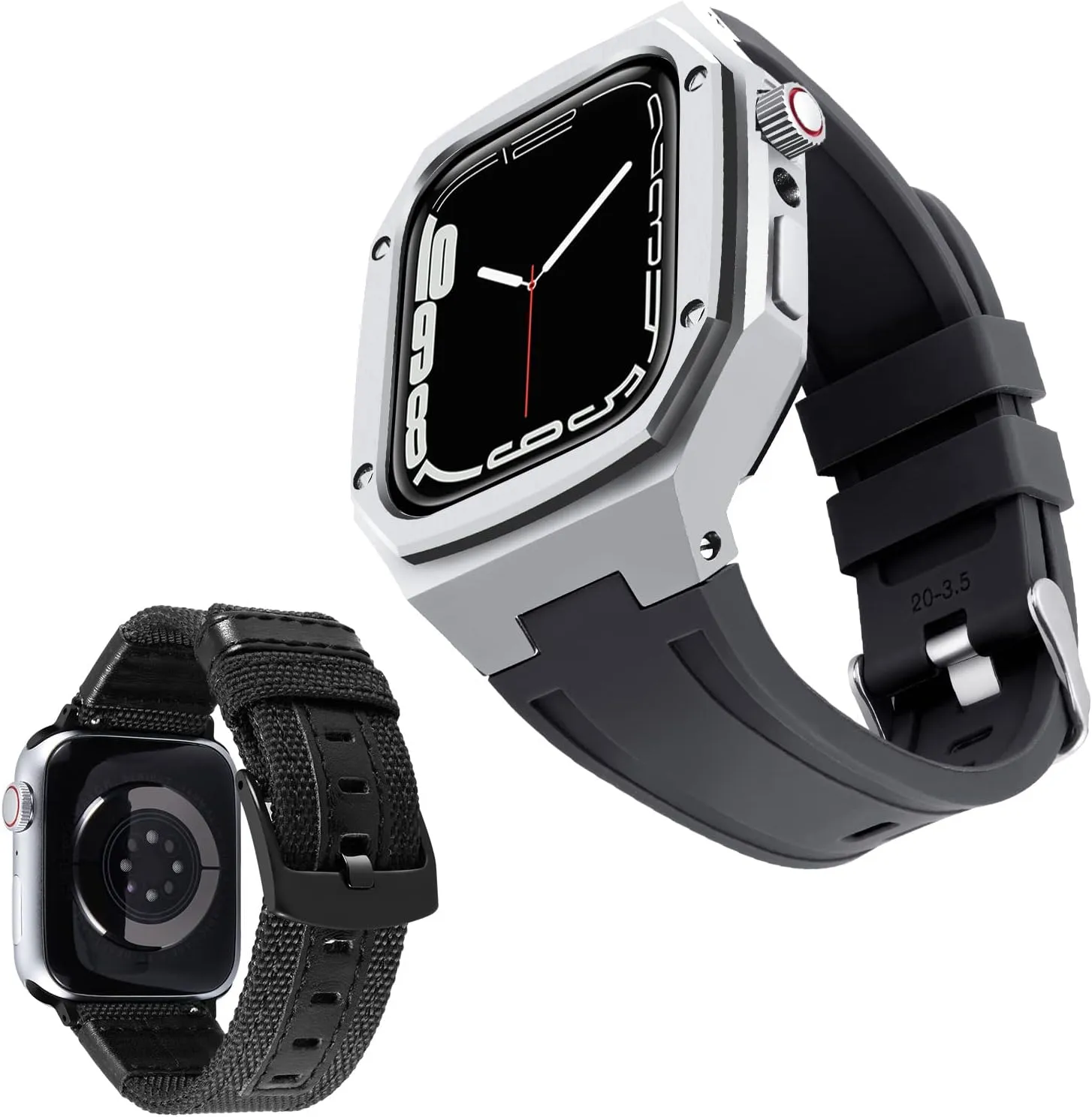 BINLUN Compatible with Apple Watch Band 44mm 45mm 2 Pack Silicone Stainless Steel Watch Band with Metal Full Protective Case Men Replacement Canvas Watch Strap Fit for iWatch Series 9/8/7/SE2/SE/6/5/4