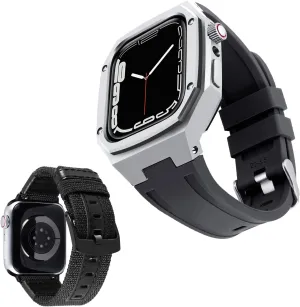 BINLUN Compatible with Apple Watch Band 44mm 45mm 2 Pack Silicone Stainless Steel Watch Band with Metal Full Protective Case Men Replacement Canvas Watch Strap Fit for iWatch Series 9/8/7/SE2/SE/6/5/4