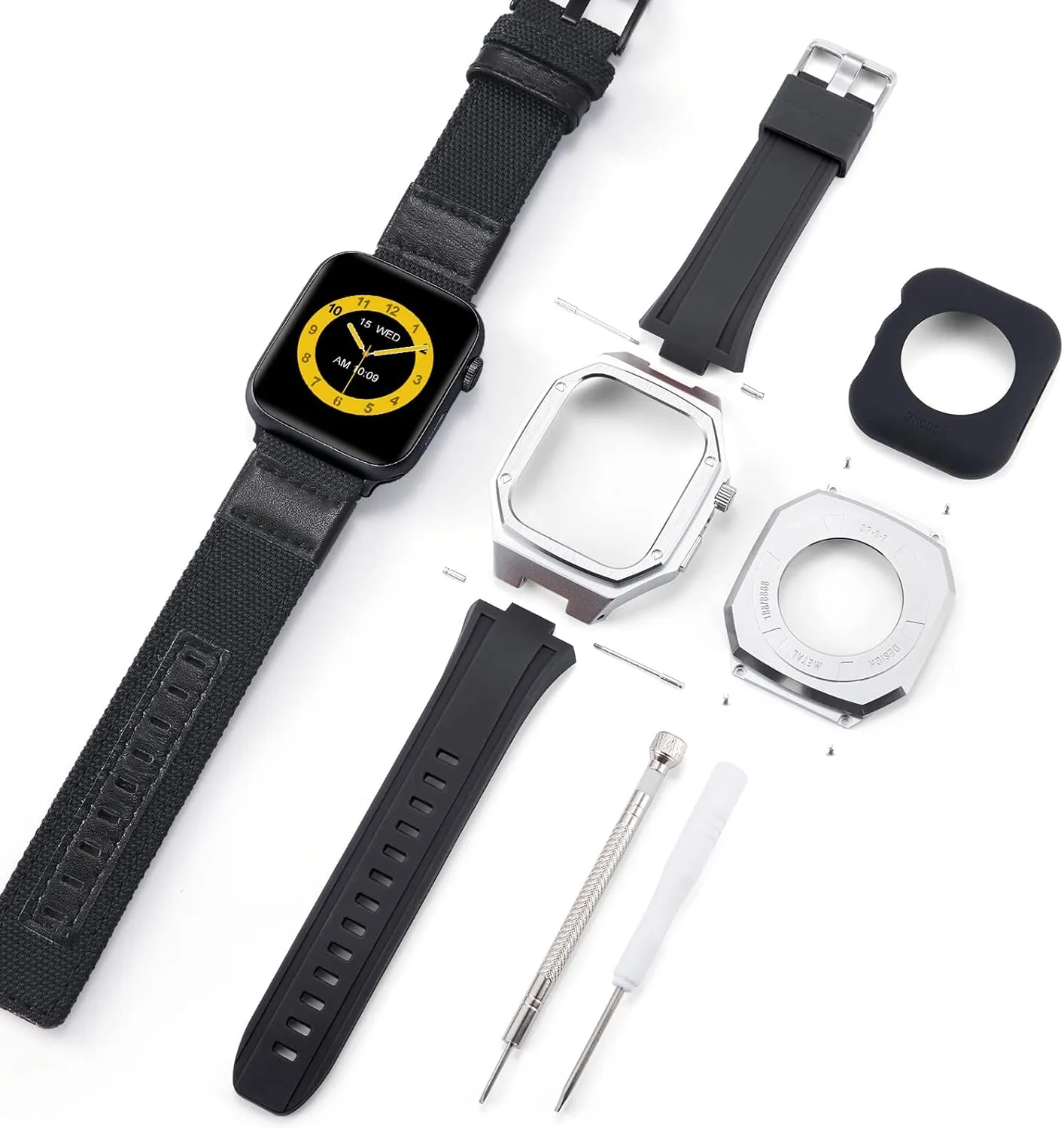 BINLUN Compatible with Apple Watch Band 44mm 45mm 2 Pack Silicone Stainless Steel Watch Band with Metal Full Protective Case Men Replacement Canvas Watch Strap Fit for iWatch Series 9/8/7/SE2/SE/6/5/4