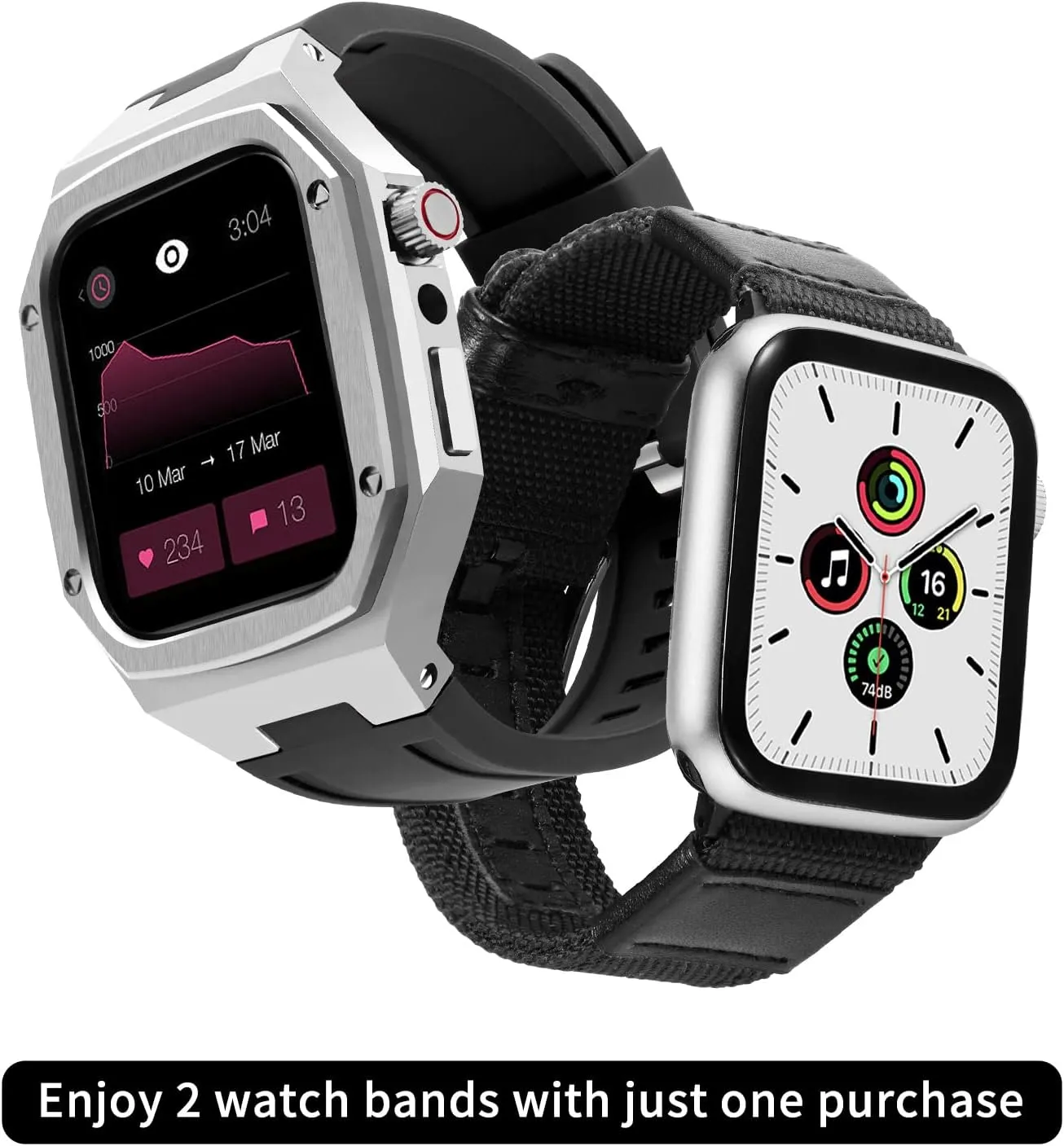 BINLUN Compatible with Apple Watch Band 44mm 45mm 2 Pack Silicone Stainless Steel Watch Band with Metal Full Protective Case Men Replacement Canvas Watch Strap Fit for iWatch Series 9/8/7/SE2/SE/6/5/4