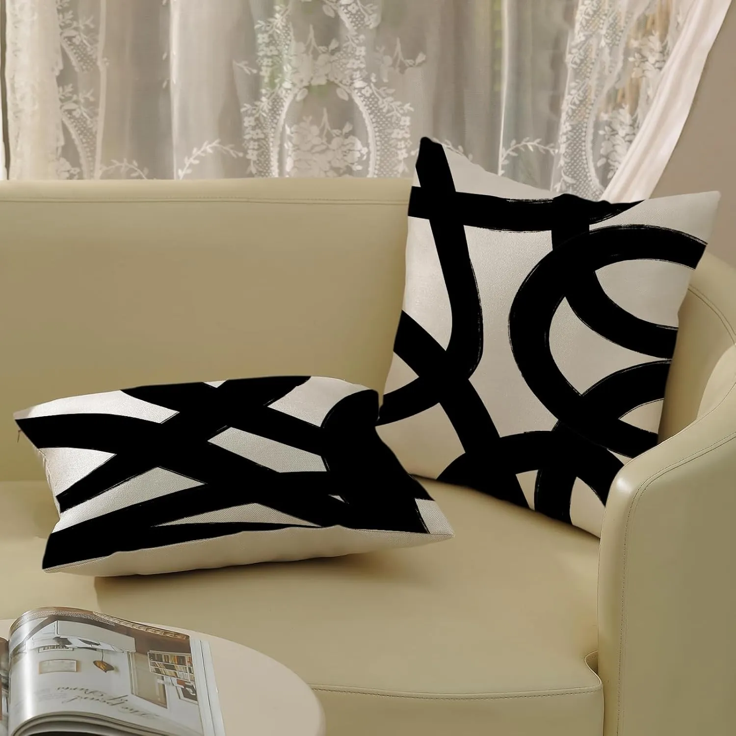 Black And Cream Pillow Covers 18x18 Set Of 2 Geometric Abstract Modern Art Line Throw Pillow Covers Boho Minimalist Style Decorative Pillowcase Linen Cushion Case Decoration For Couch Sofa Outdoor