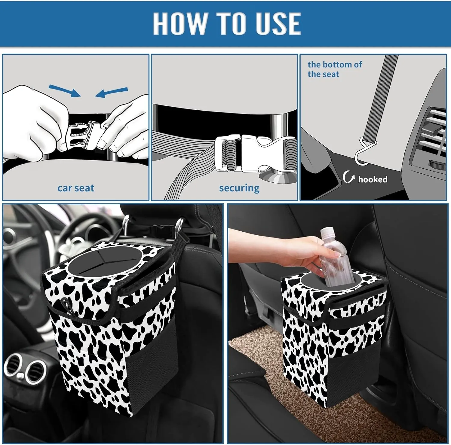 Black and White Cow Print Small Auto Garbage Bag with Lid Hanging for Front Seat Accessories - Collapsible Waterproof Car Storage Container Box Fits SUV Truck Sedan